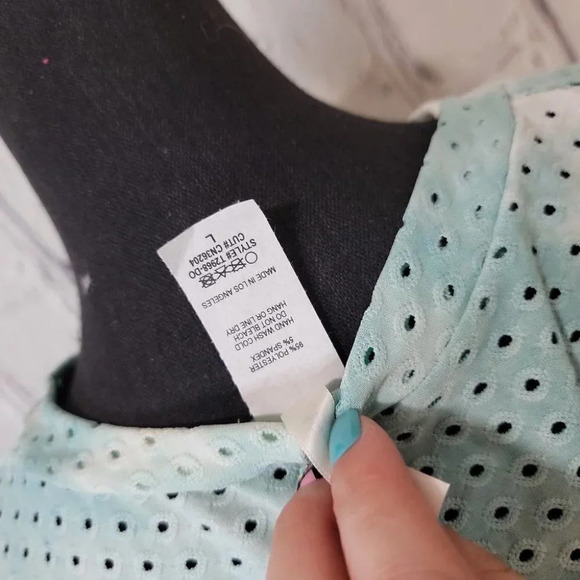 WHITE Turquoise Marble Dye Eyelet See Through Casual Short Sleeve Light Top L - Picture 6 of 6